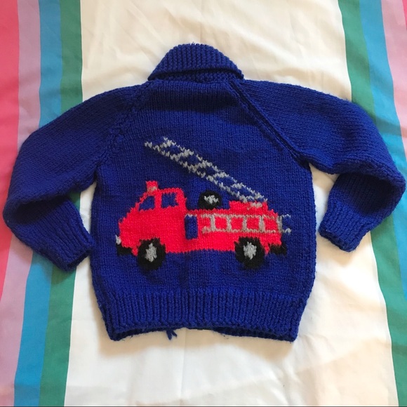 Vintage Handmade Knit Firetruck Sweater Wool - Picture 2 of 4
